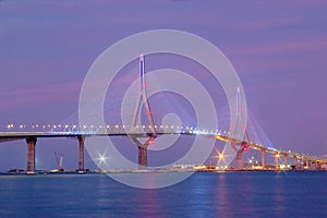 Dusk on the bridge of the Constitution, called La Pepa, in the bay of Cadiz, Andalusia. Spain