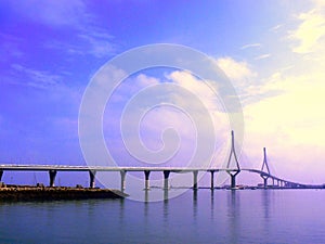 Dusk on the bridge of the Constitution, called La Pepa, in the bay of Cadiz, Andalusia. Spain