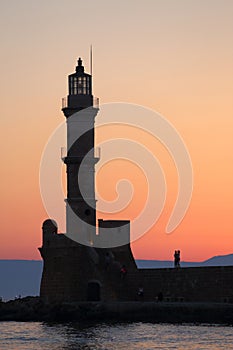 Dusk closeup view of lighthouse