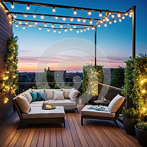 At dusk in the a comfortable rooftop patio area with a lounging a hanging and string lights is