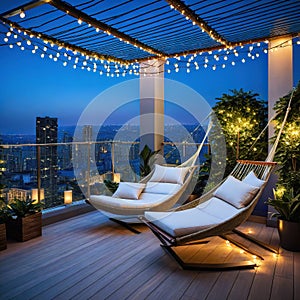 At dusk in the a comfortable rooftop patio area with a lounging a hanging and string lights is