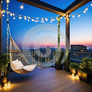 At dusk in the a comfortable rooftop patio area with a lounging a hanging and string lights is