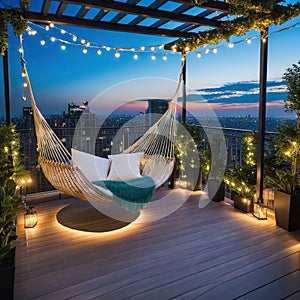 At dusk in the a comfortable rooftop patio area with a lounging a hanging and string lights is