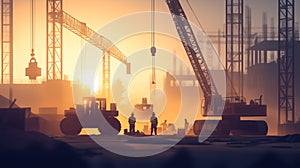 Dusk Construction Site: A 3D Vector Illustration of Workers and Machinery Illuminated by Floodlights