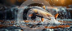 Dusk Dance: A Salmon\'s Migration Leap. Concept Wildlife Photography, Animal Behavior, Ecosystem