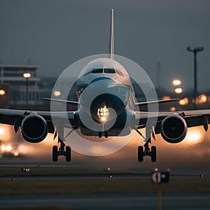 Dusk Departure: A Commercial Airliner Takes Off from a Busy Airport Runway