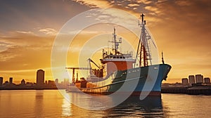 Dusk at the Dock - A Cargo Vessel Stands Against the Backdrop of a Beautiful Sunset Sky