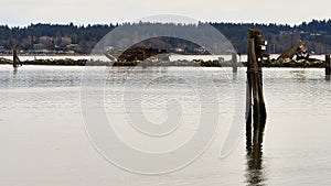 Dusk, high tide,  view of two of the rusty old navy hulls that were formerly part of a breakwater