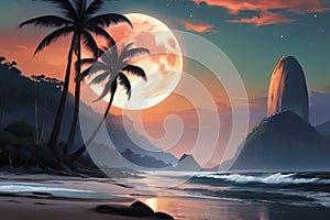 Dusk Landscape with Large Moon: Captivating Twilight Scene for Your Imagination.