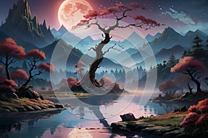 Dusk Landscape with Large Moon: Captivating Twilight Scene for Your Imagination.