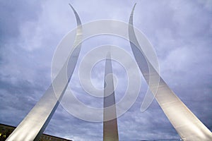 Dusk light behind three soaring spires of Air Force Memorial at One Air Force Memorial Drive, Arlington, Virginia in Washington