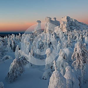 Dusk in mountains, winter. Kolchimsky Stone, Perm Kray, Russia