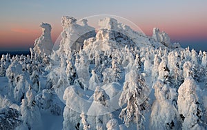 Dusk in mountains, winter. Kolchimsky Stone, Perm Kray, Russia