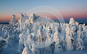 Dusk in mountains, winter. Kolchimsky Stone, Perm Kray, Russia