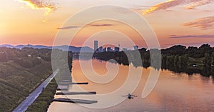 Dusk at the New Danube River with skyline of the Danube City