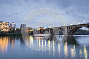 Dusk over Key Bridge. Shot from Georgetown in Washington DC looking towards Rosslyn, Virginia.