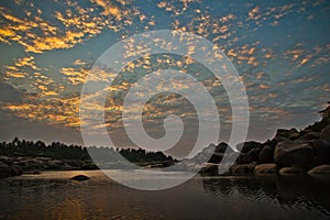 Dusk over the Tungabhadra River in Hampi, Karnataka, India