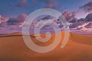 A dusk of panoramic sand dune at Mhamid el Ghizlane in Morocco wide shot