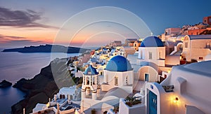 During dusk without people. Beautiful view the blue domed churches in the village of Oia, Santorini, Generative AI