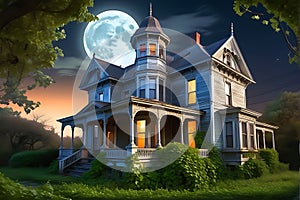 Dusk\'s Embrace: Abandoned Victorian House Overgrown with Ivy, Tendrils Creeping Through Broken Windows, Cast in the Glow of