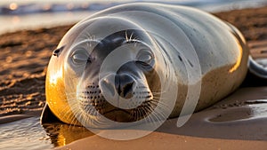Dusk\'s Embrace: Reflections of a Monk Seal in the Setting Sun photo