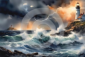 Dusk\'s Fury: Stormy Sea at Dusk - Waves Crashing Violently Against a Sturdy Lighthouse Standing on Jagged Rocks