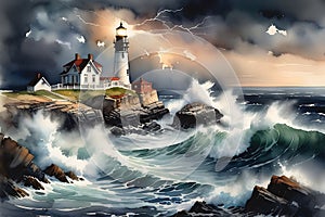 Dusk\'s Fury: Stormy Sea at Dusk - Waves Crashing Violently Against a Sturdy Lighthouse Standing on Jagged Rocks