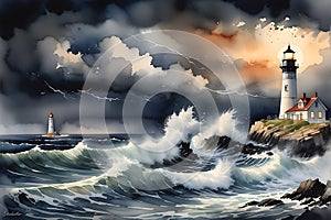 Dusk\'s Fury: Stormy Sea at Dusk - Waves Crashing Violently Against a Sturdy Lighthouse Standing on Jagged Rocks