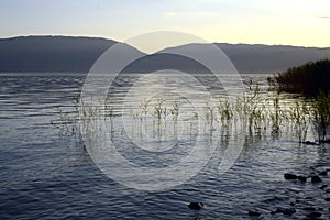 Dusk scene over lake prespa in macedonia
