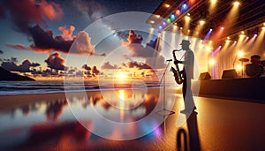 Dusk Serenade: A Saxophonist\'s Sunset Concert by the Sea-Generative AI