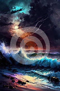 Dusk on the Shore, Radiant Beauty Ocean Storm: A Stunning Sea Beach Night Landscape