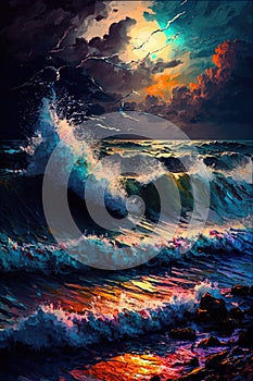 Dusk on the Shore, Radiant Beauty Ocean Storm: A Stunning Sea Beach Night Landscape