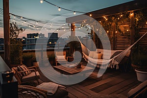 At dusk in the summer, a comfortable rooftop patio area with a lounging area, a hanging chair, and string lights is there