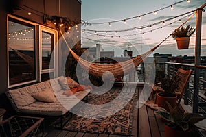 At dusk in the summer, a comfortable rooftop patio area with a lounging area, a hanging chair, and string lights is there