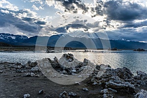 Dusk sunset at Mono Lake, with sunbeams poking through the clouds