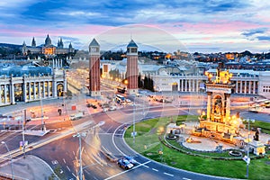 Dusk view of Barcelona, Spain. Plaza de Espana