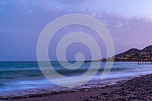 Dusk view outside of Eilat, Israel of Israel coastline and the Red Sea,