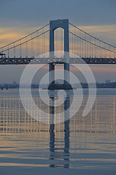 Dusk view of Throgs Neck Bridge between Queens and Bronx in New York