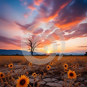 Dusky Sky, Sunflower Field, and Weathered Tree Branch