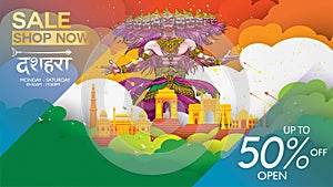 Dussehra Mega Sale with Special Discount Offers promotion advertisement, Creative website header or banner set, Angry ten headed R