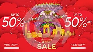 Dussehra Mega Sale with Special Discount Offers promotion advertisement, Creative website header or banner set, Angry ten headed R