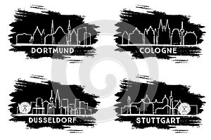 Dusseldorf, Cologne, Stuttgart and Dortmund Germany City Skyline Silhouettes Set. Hand Drawn Sketch