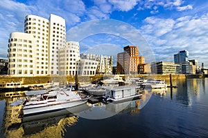 Dusseldorf, Germany - Boats in the Water and Buildings in the City Harbour