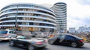 Dusseldorf, Germany - February 20, 2020. Modern architecture in a European city. White round building