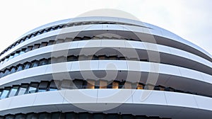 Dusseldorf, Germany - February 20, 2020. Modern architecture in a European city. White round building