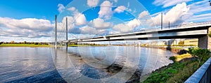 Dusseldorfer Skyline with Rheinkniebrucke (bridge), Germany