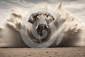 dust cloud behind a charging bull elephant