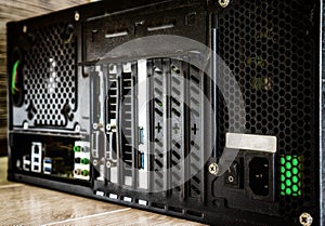 clean computer pc processor cooler with mainboard and computer case fragment lay on the floor