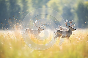 dust kicking up as elk charge through a meadow
