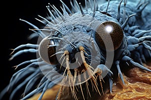 Dust mite magnified through an electron microscope, isolated on black background